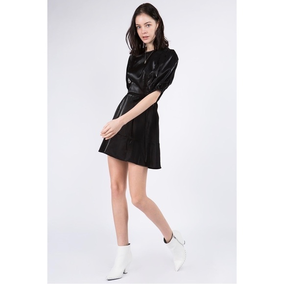NWT Whiteroom + Cactus Black Satin Puff Sleeve Mini Dress - Picture 3 of 8